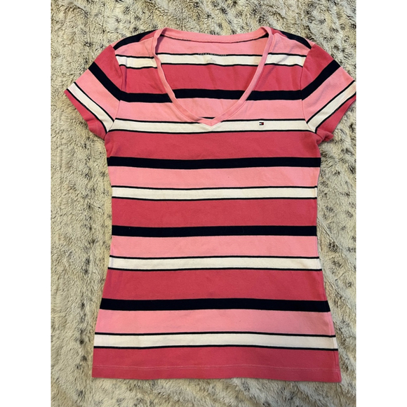 Vintage Tommy Hilfiger Y2K Striped V-Neck T-Shirt Womens Size M Pink Navy EUC - Picture 3 of 14